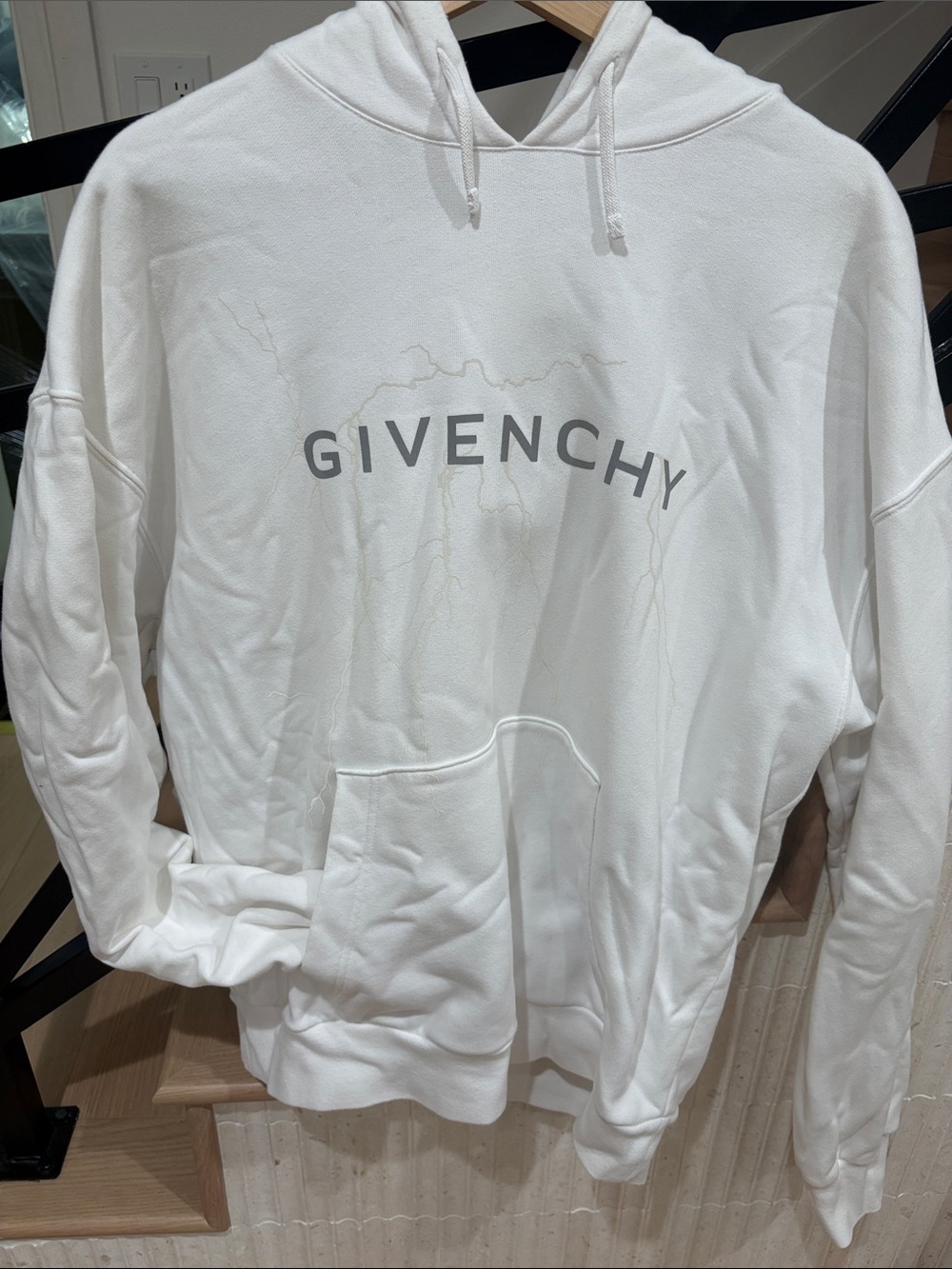GIVENCHY Men's White Reflective Lightning Bolt Hoodie Boxy Fit - L Highly Sought
